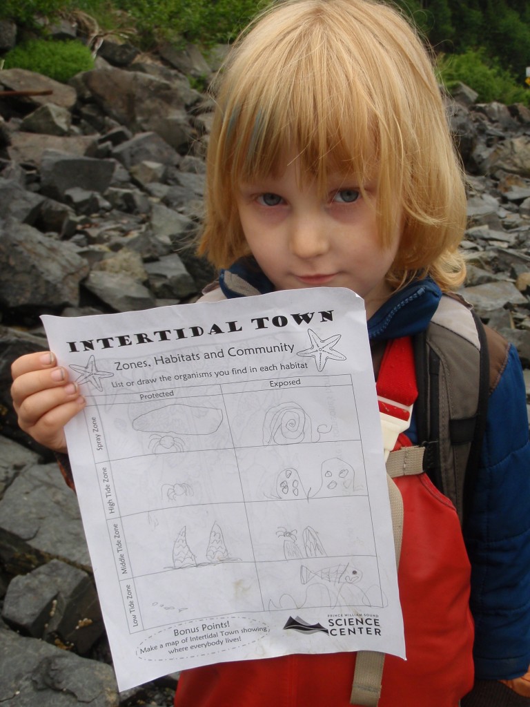 On the "'Tidepooling for Tots' event, kids found all kinds of marine creatures and kept track of their discoveries. Photo credit: Meadow Scott