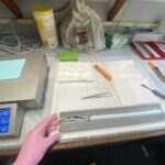 research station containing suppies to measure and dissect a fish