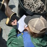woman sitting down taking notes. Woman is wearing a hat, green rain jacket. black pants, and xtratuf boots.