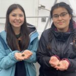 two high school girls are holding sea urchins in their hands