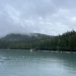 Scenic ocean view with mountains in the background. In the ocean is a boat and a kelp farm. The kelp farm is marked by lots of buoys.