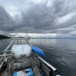 scenic ocean view. Photo taken from the top of the boat looking down. Part of the boat is visible in this photo.