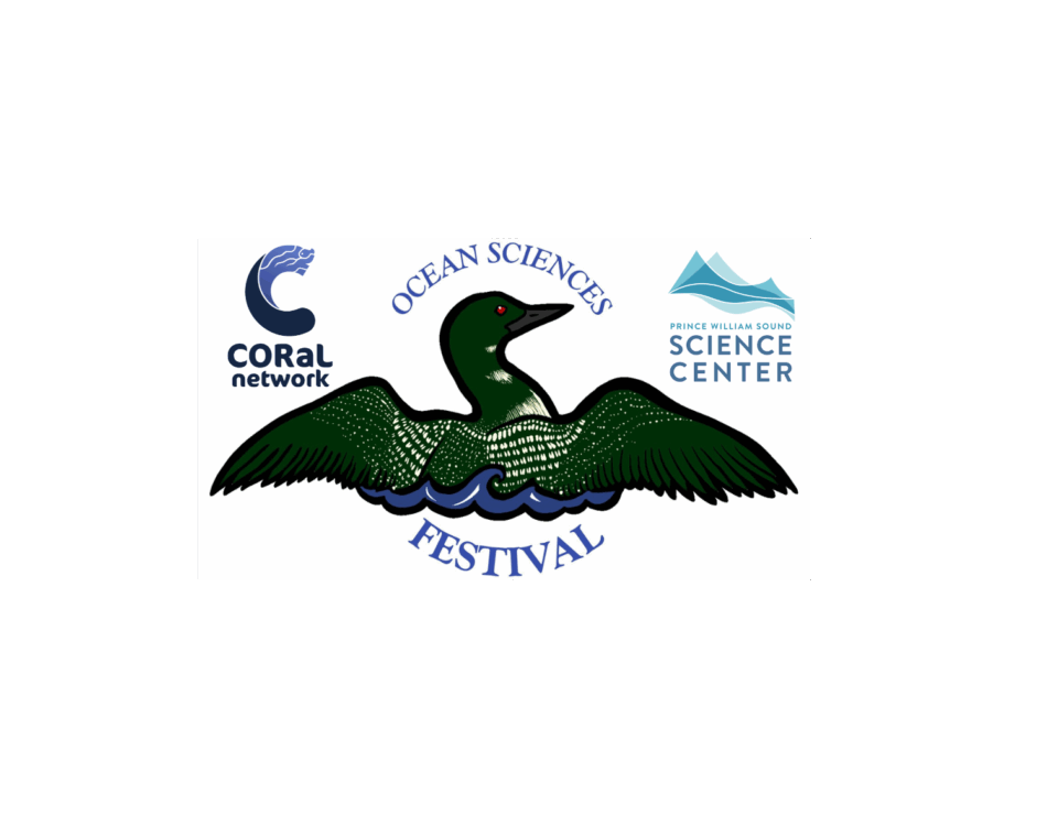 Loon in water with the works Ocean Sciences Festival and the CORaL Network and PWSSC logos.