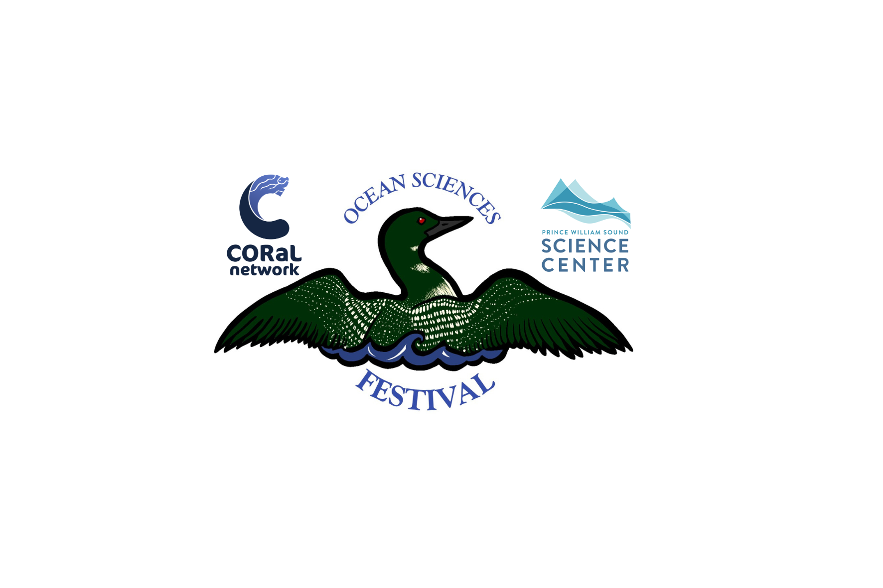 Loon in water with the works Ocean Sciences Festival and the CORaL Network and PWSSC logos.